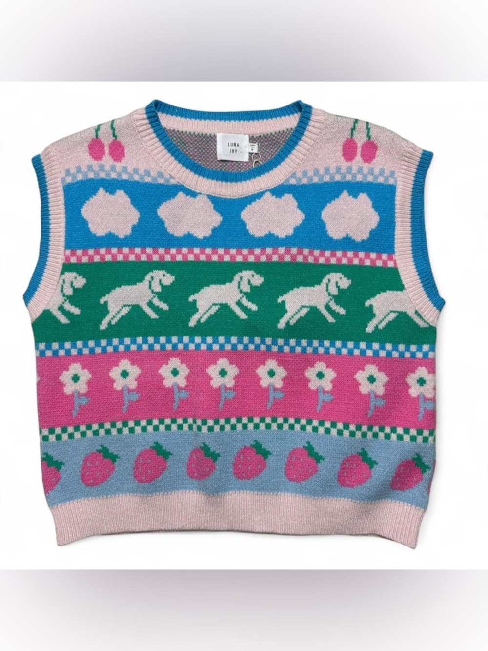 Luna Ivy Sweater Vest Womens M dogs Floral Strawberry Cottagecore NWT